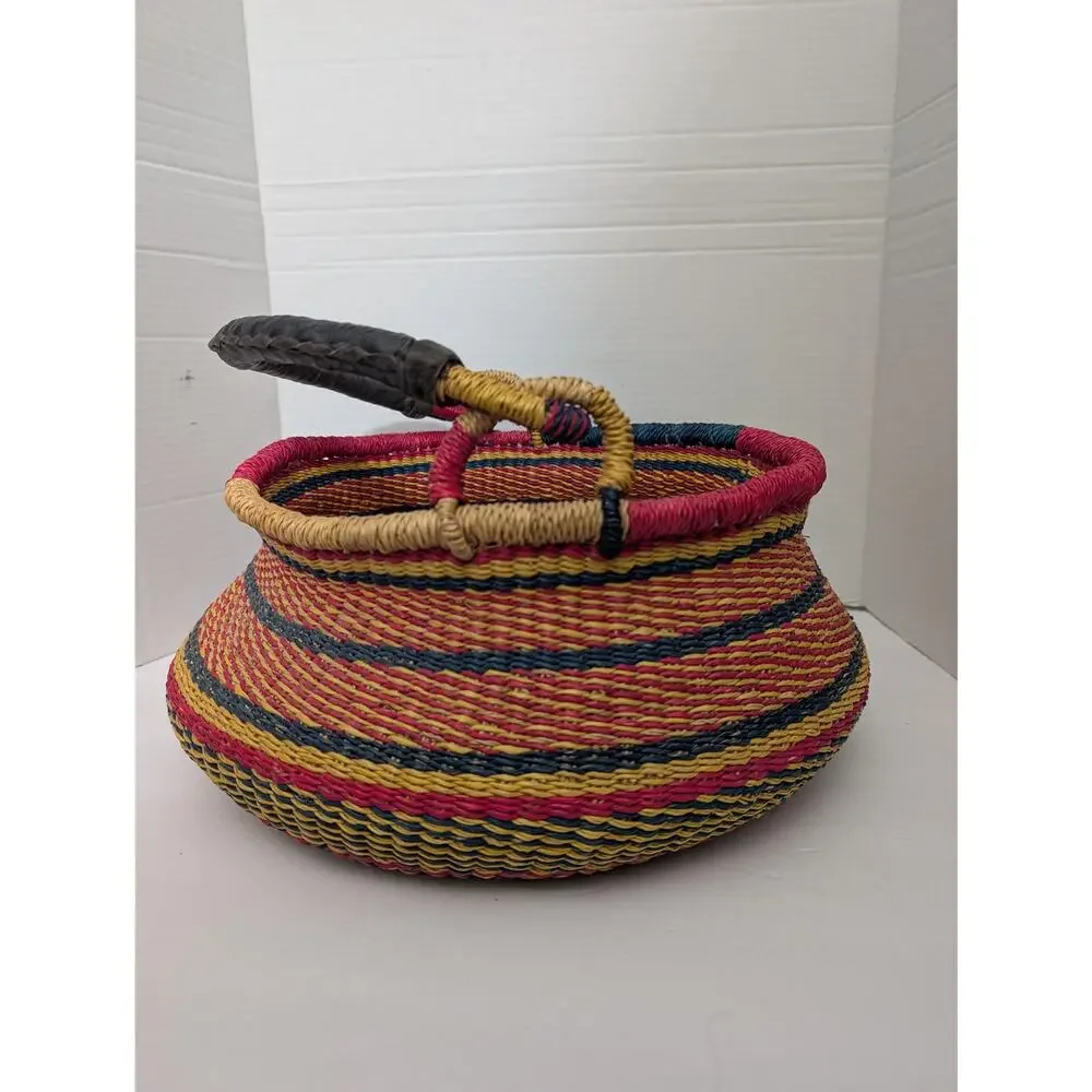 Vintage African Bolga Market Basket, Colorful Woven Ghana Shopping Tote